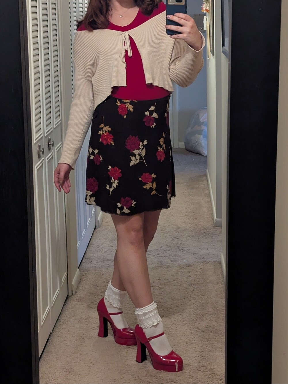 Brown Mini Skirt with Red Roses